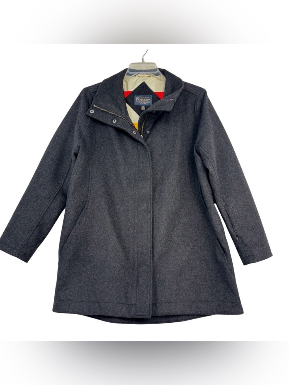 Pendleton Wool Coat Size S Charcoal Gray Stripe Lining Funnel Neck Zip Jacket